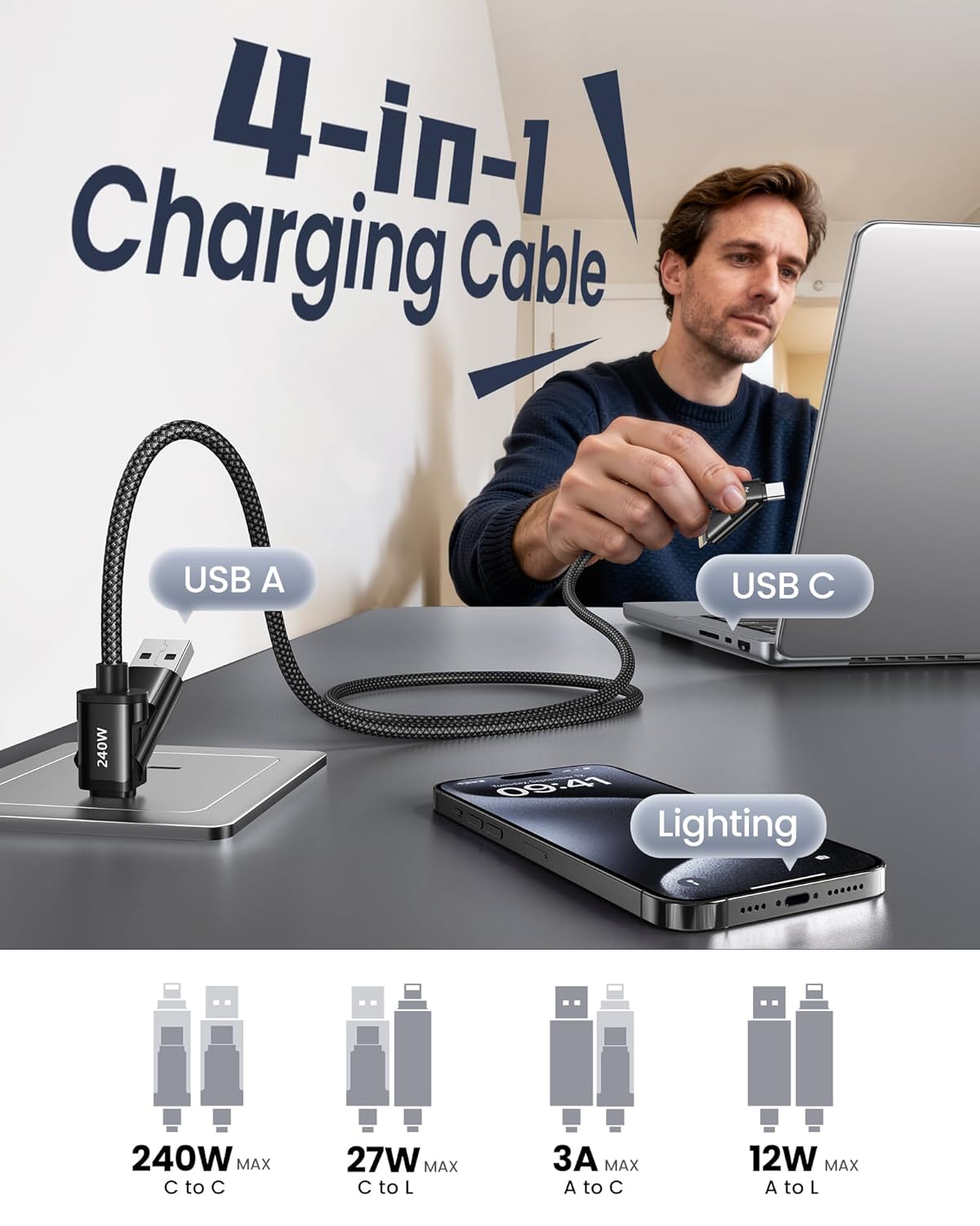 4-in-1 USB Charging Cable 240W Fast Charge with Wattage Display