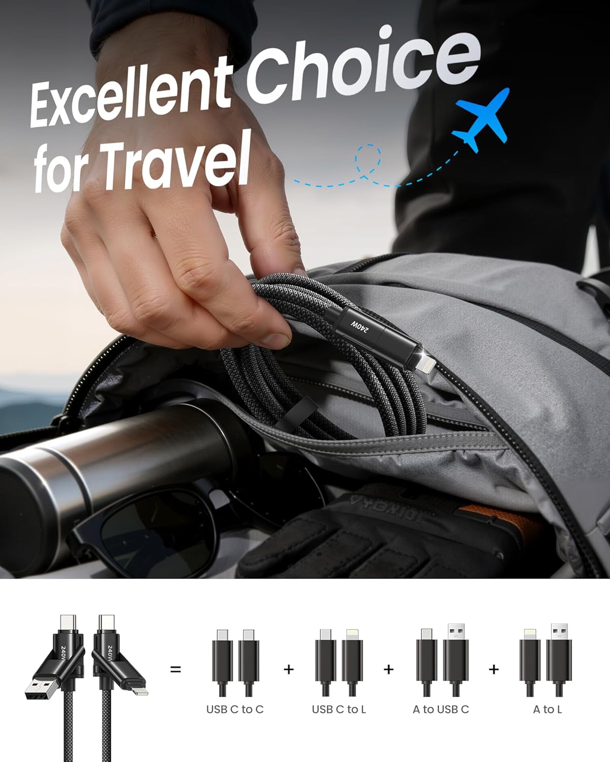 4-in-1 USB Charging Cable 240W Fast Charge with Wattage Display