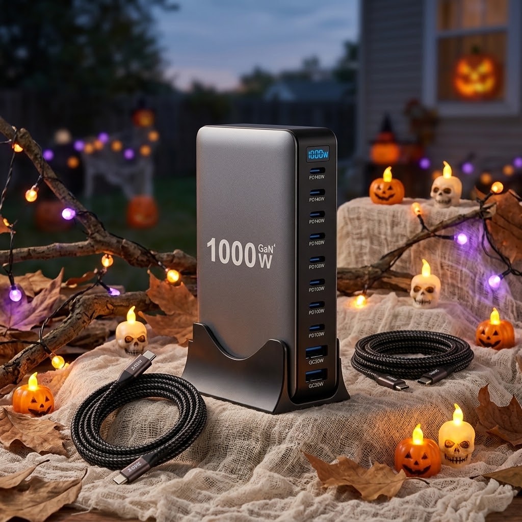 Famous Tech Shop 1000W Charging Hub 10-Ports Hub Bundle with AC Power Cord, Stand, 3 Meter USB-C Wire