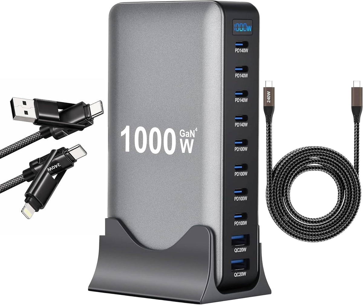 1000W GaN 10-Port Desktop Charging Station Bundle – 8 USB-C + 2 USB-A, Includes 2×240W USB-C Cables