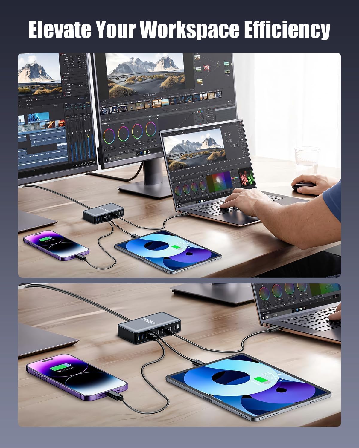 1000W GaN 10-Port Desktop Charging Station Bundle – 8 USB-C + 2 USB-A, Includes 2×240W USB-C Cables