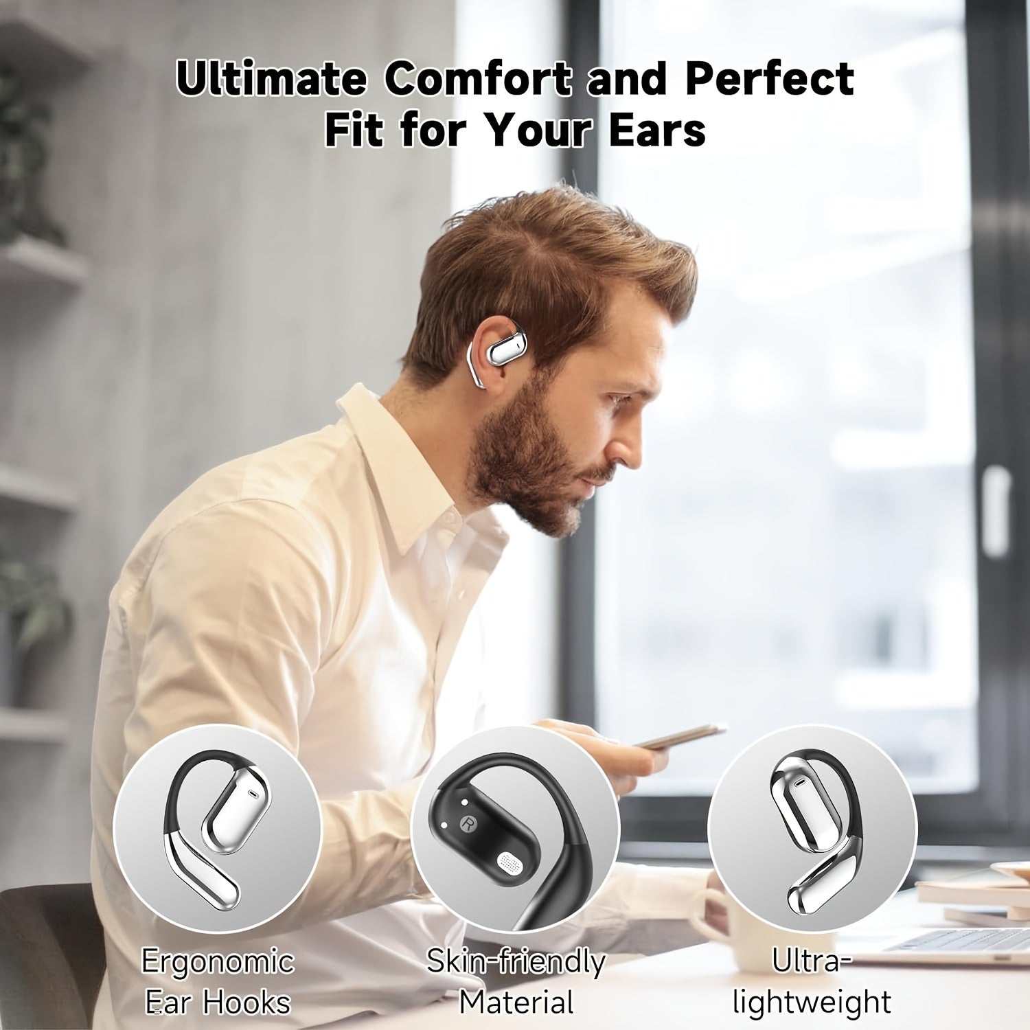 Open-Ear Bluetooth 5.4 Earbuds, 50H Playtime, IPX5 Waterproof