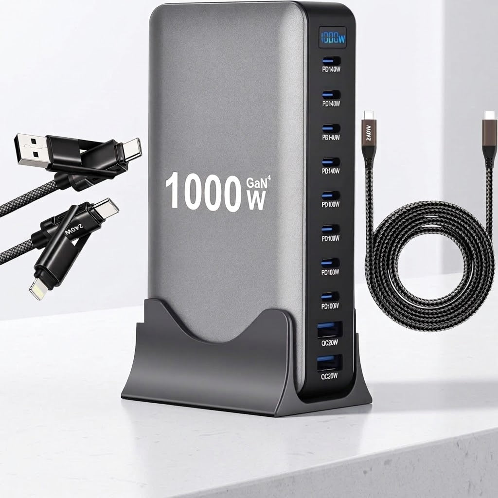 Famous Tech Shop 1000W Charging Hub 10-Ports Hub Bundle with AC Power Cord, Stand, 3 Meter USB-C Wire