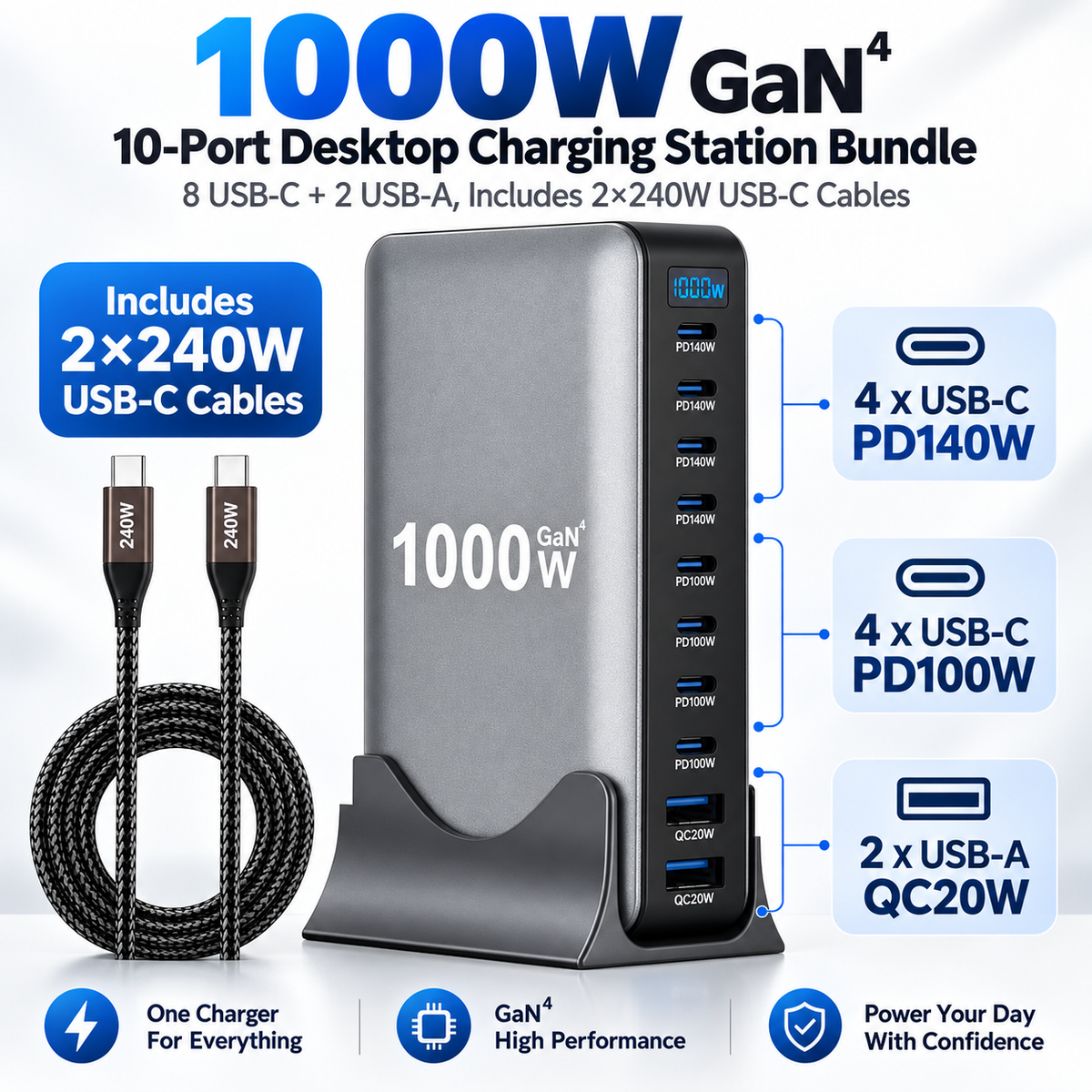 1000W GaN 10-Port Desktop Charging Station Bundle – 8 USB-C + 2 USB-A, Includes 2×240W USB-C Cables