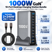 1000W GaN 10-Port Desktop Charging Station Bundle – 8 USB-C + 2 USB-A, Includes 2×240W USB-C Cables