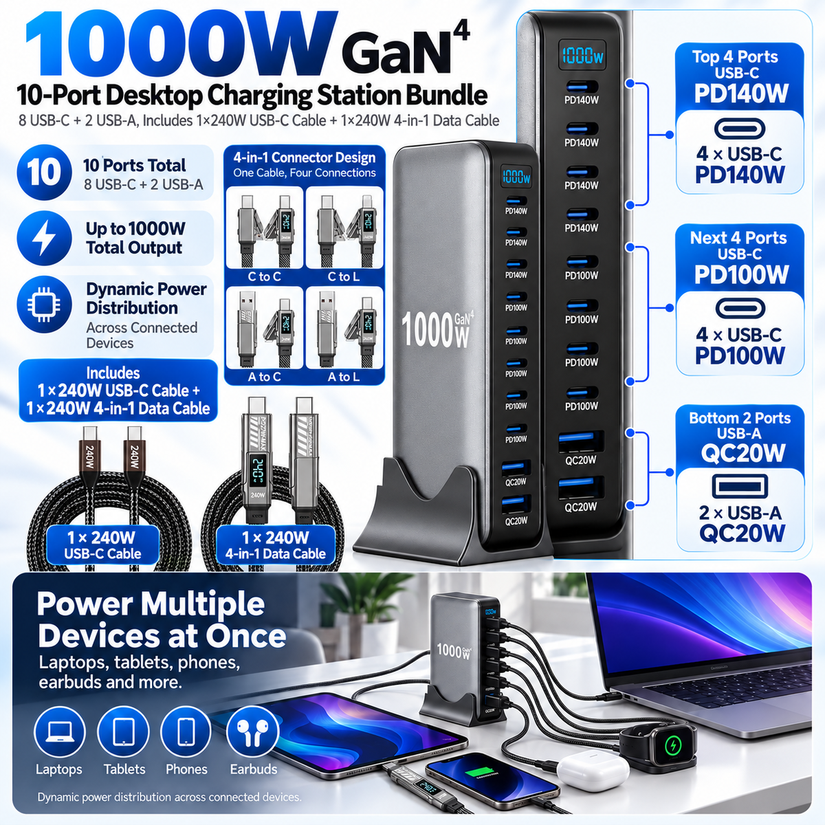 1000W GaN 10-Port Desktop Charging Station Bundle – 8 USB-C + 2 USB-A, Includes 2×240W USB-C Cables