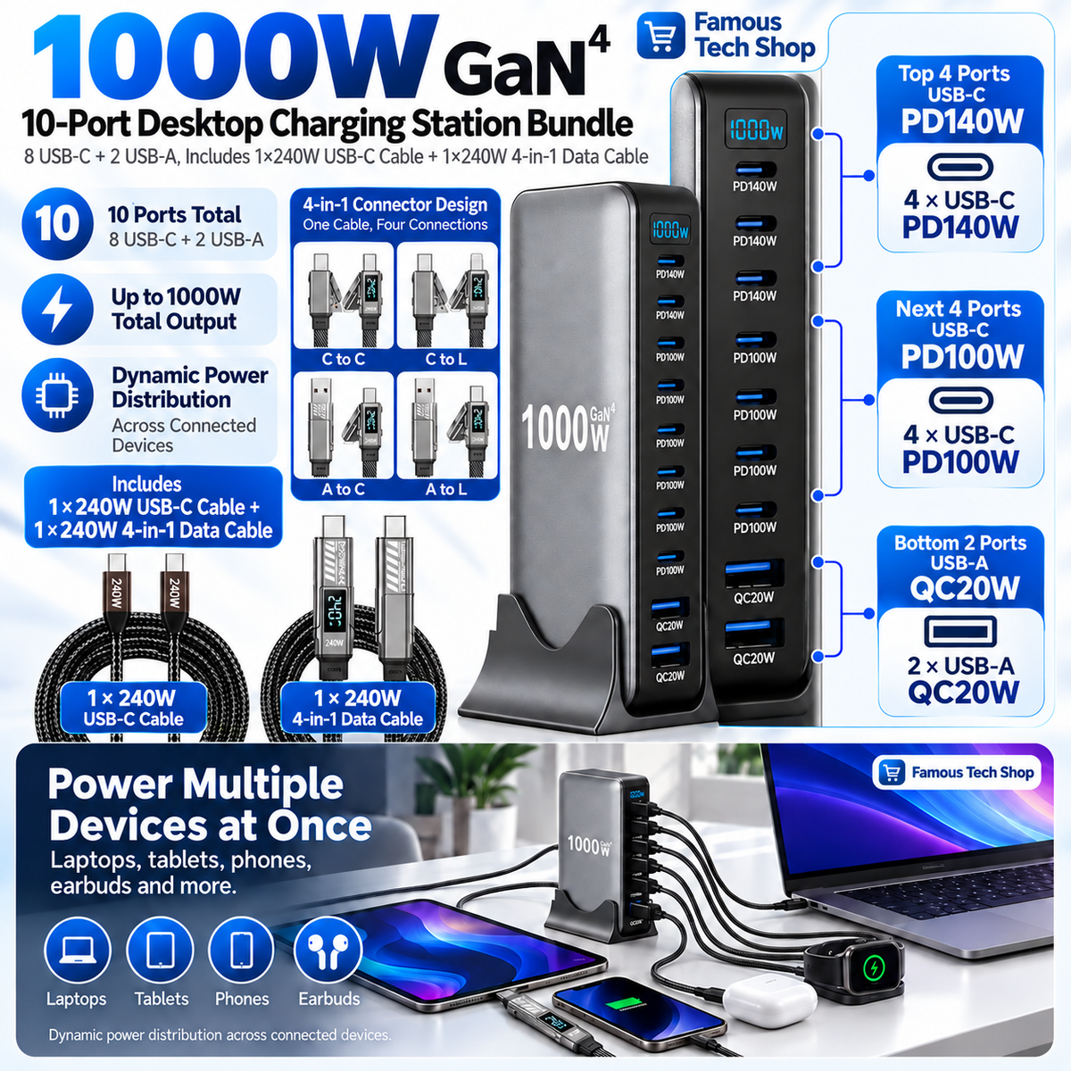 1000W GaN 10-Port Desktop Charging Station Bundle – 8 USB-C + 2 USB-A, Includes 2×240W USB-C Cables