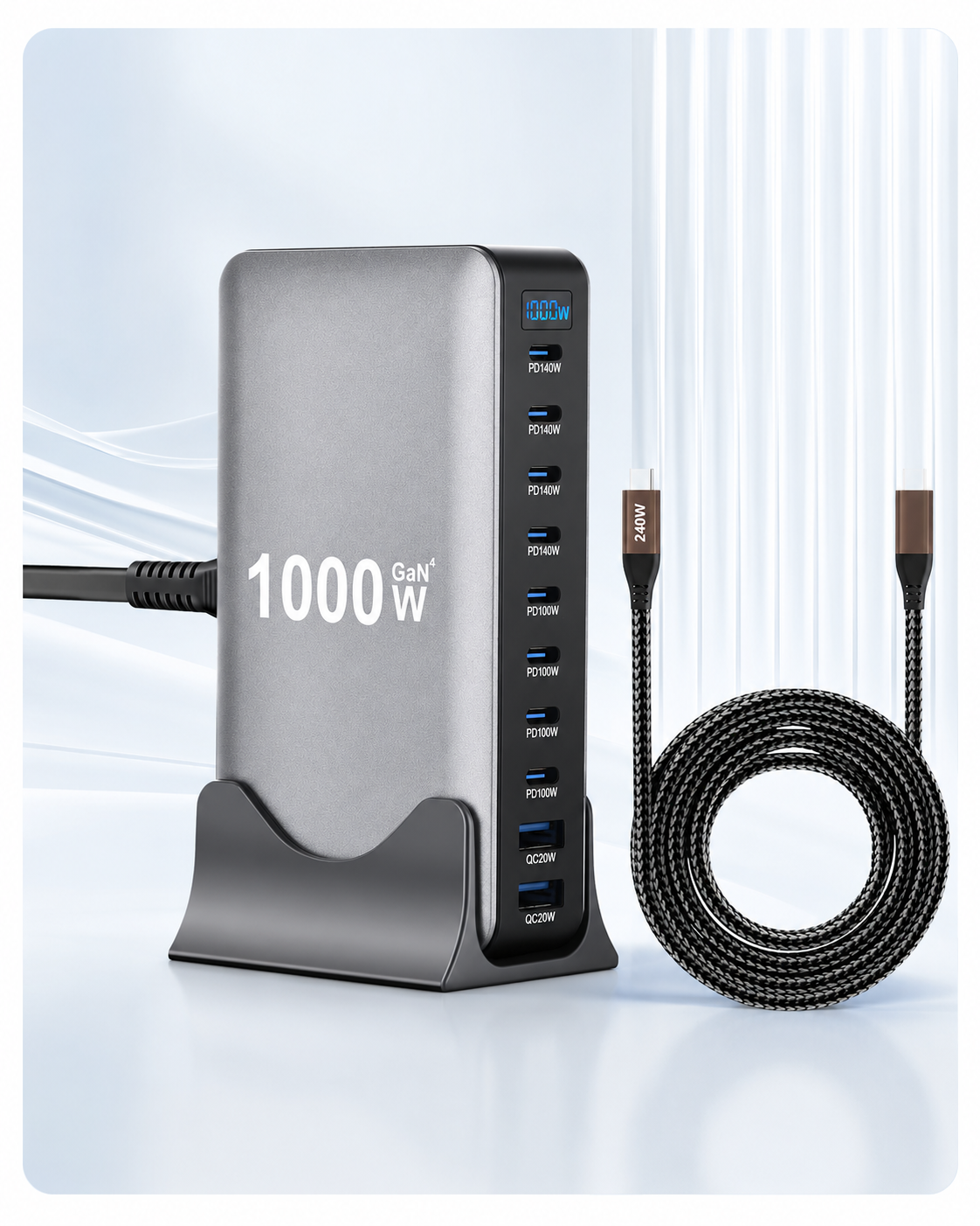 1000W GaN 10-Port Desktop- 8 USB-C  Charging Station