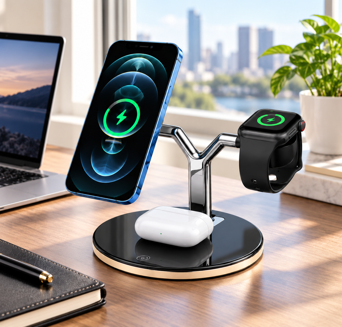 Famous Tech Shop 25W Qi2 3-in-1 Magnetic Wireless Charging Station with Smart Display and Cooling Fan for iPhone, Apple Watch and AirPods