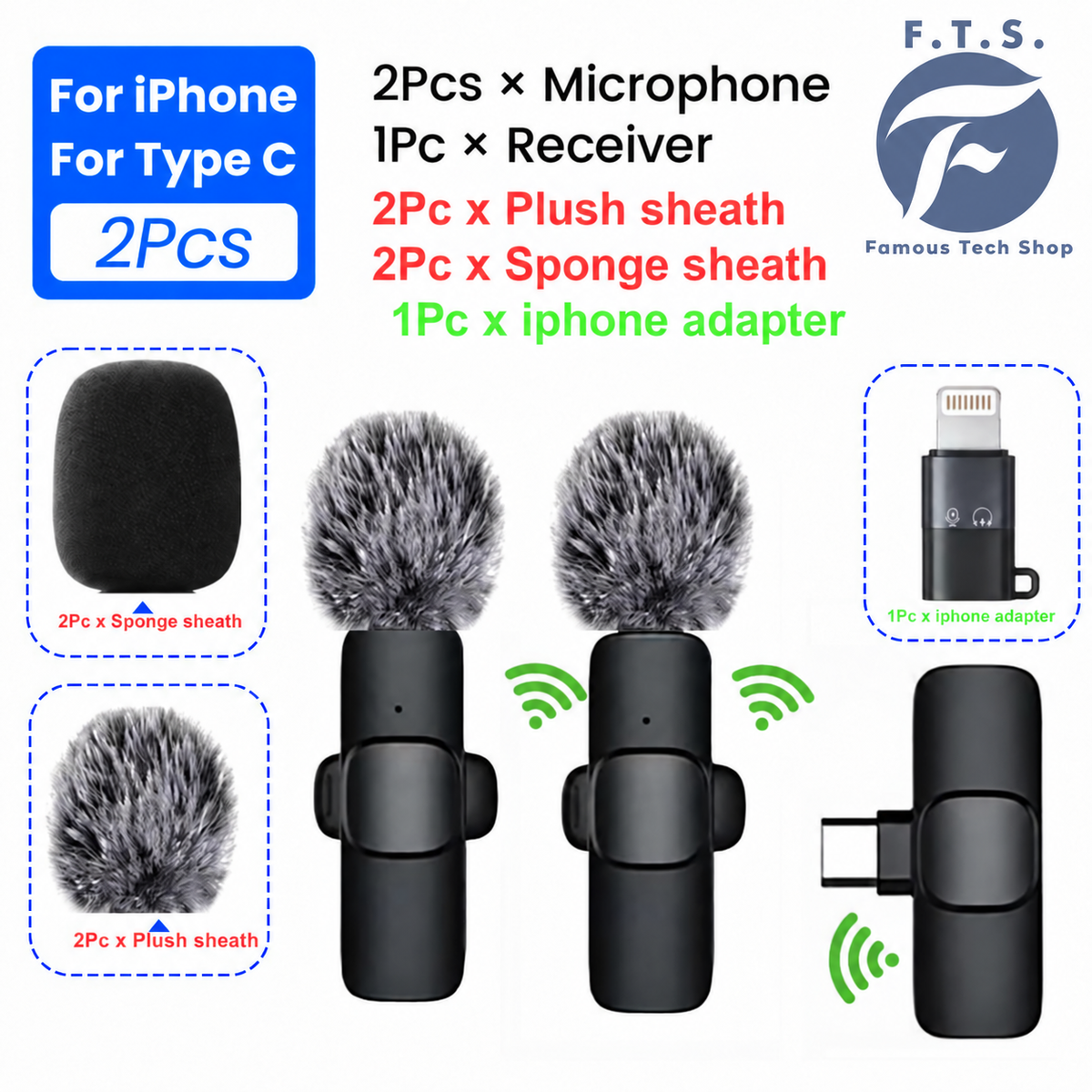 Famous Tech Shop 2-Pack Wireless Lavalier Microphone for iPhone & Android, USB-C & Lightning Clip-On Mics with Noise Reduction for Vlogs & Interviews