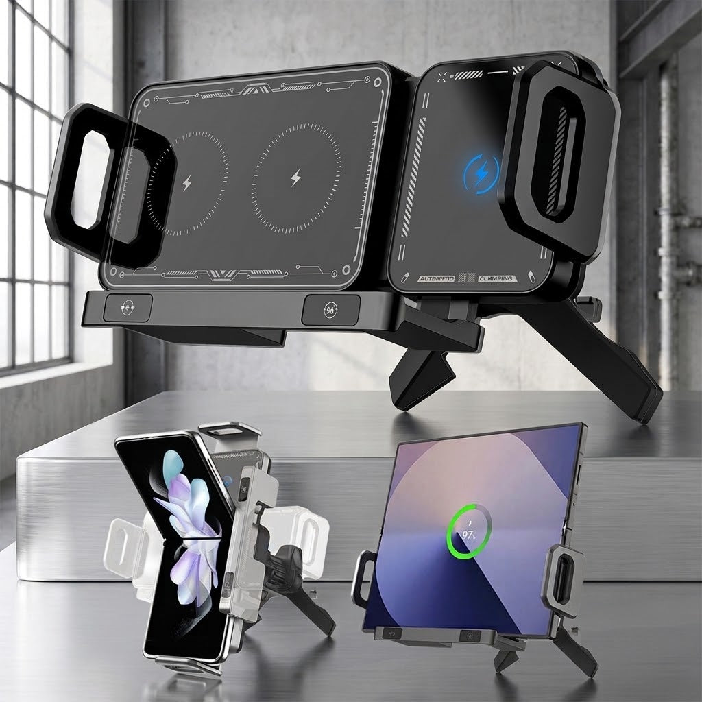 Famous Tech Shop 15W Wireless Car Charger Mount with Auto Clamping, 360° Rotating Dashboard Phone Holder for iPhone and Android