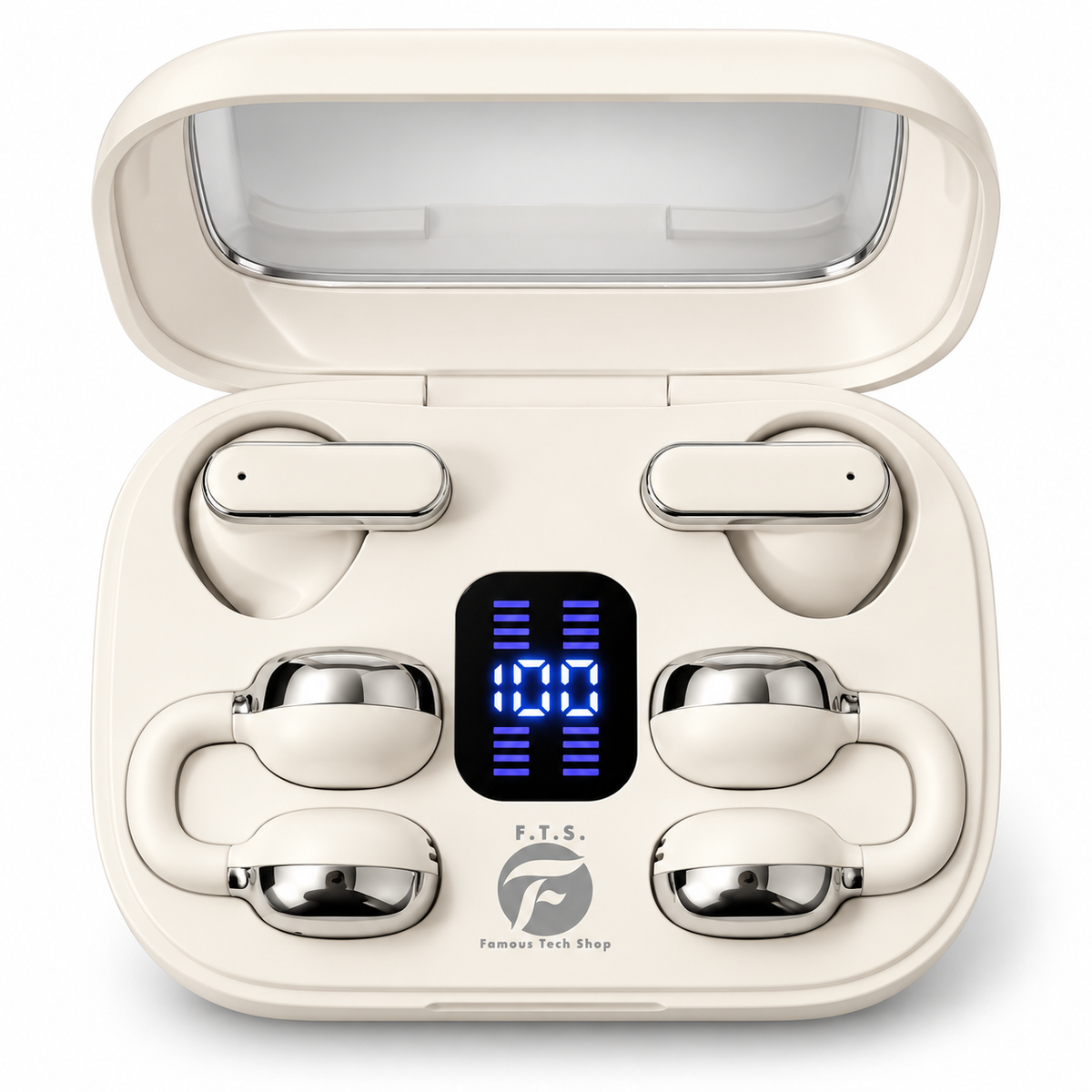 Famous Tech Shop Wireless Bluetooth Earbuds, Open Ear Clip-On and In-Ear, 2 Pairs with Mirror Charging Case, Skin