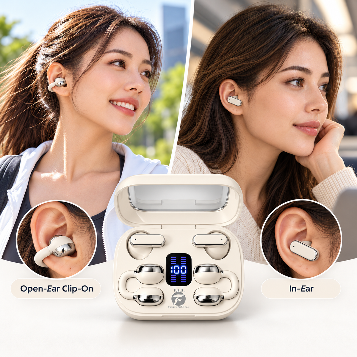 Famous Tech Shop Wireless Bluetooth Earbuds, Open Ear Clip-On and In-Ear, 2 Pairs with Mirror Charging Case, Skin
