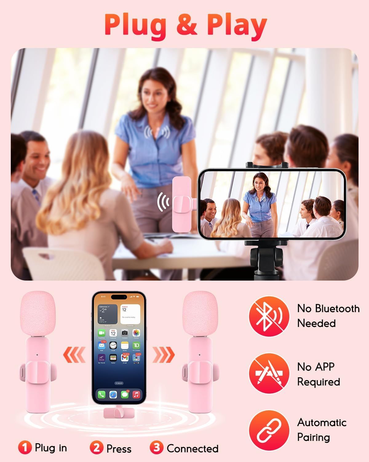 Pink Wireless Lavalier Microphone for iPhone & USB-C