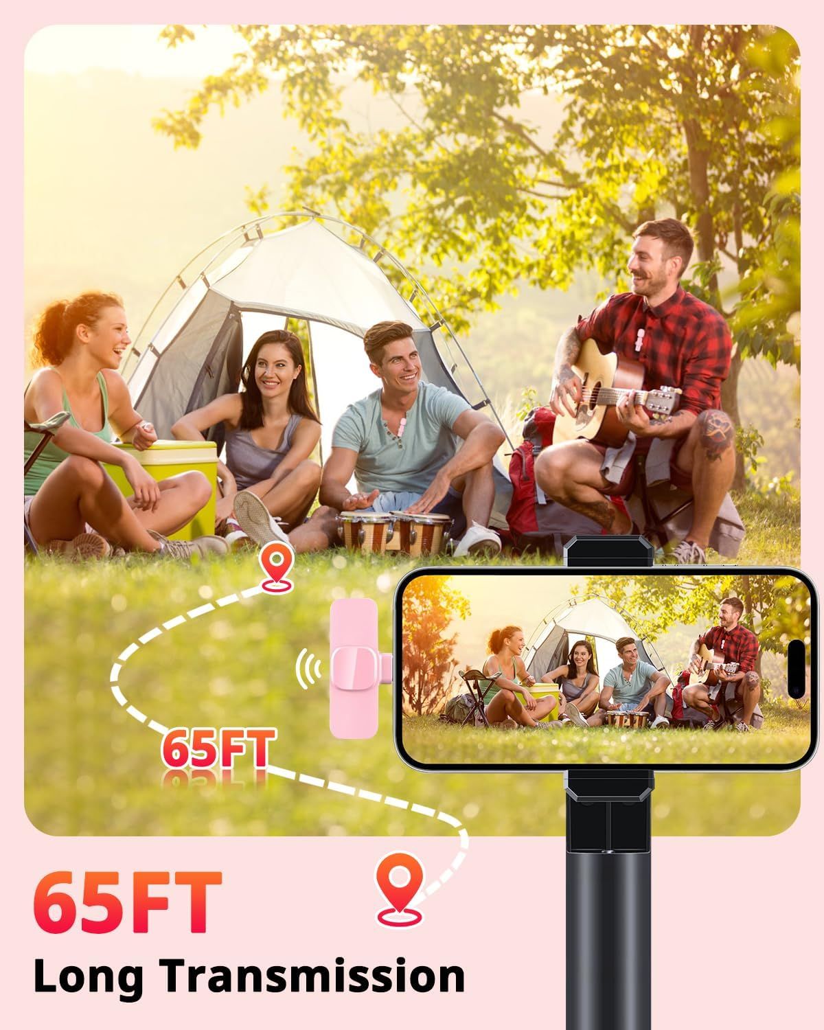 Pink Wireless Lavalier Microphone for iPhone & USB-C