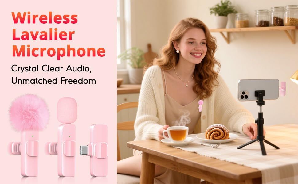Pink Wireless Lavalier Microphone for iPhone & USB-C